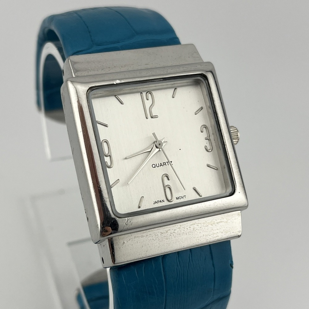 Women's Quartz Watch 32mm Silver Case Blue Leather Bangle Cuff Band- New Battery